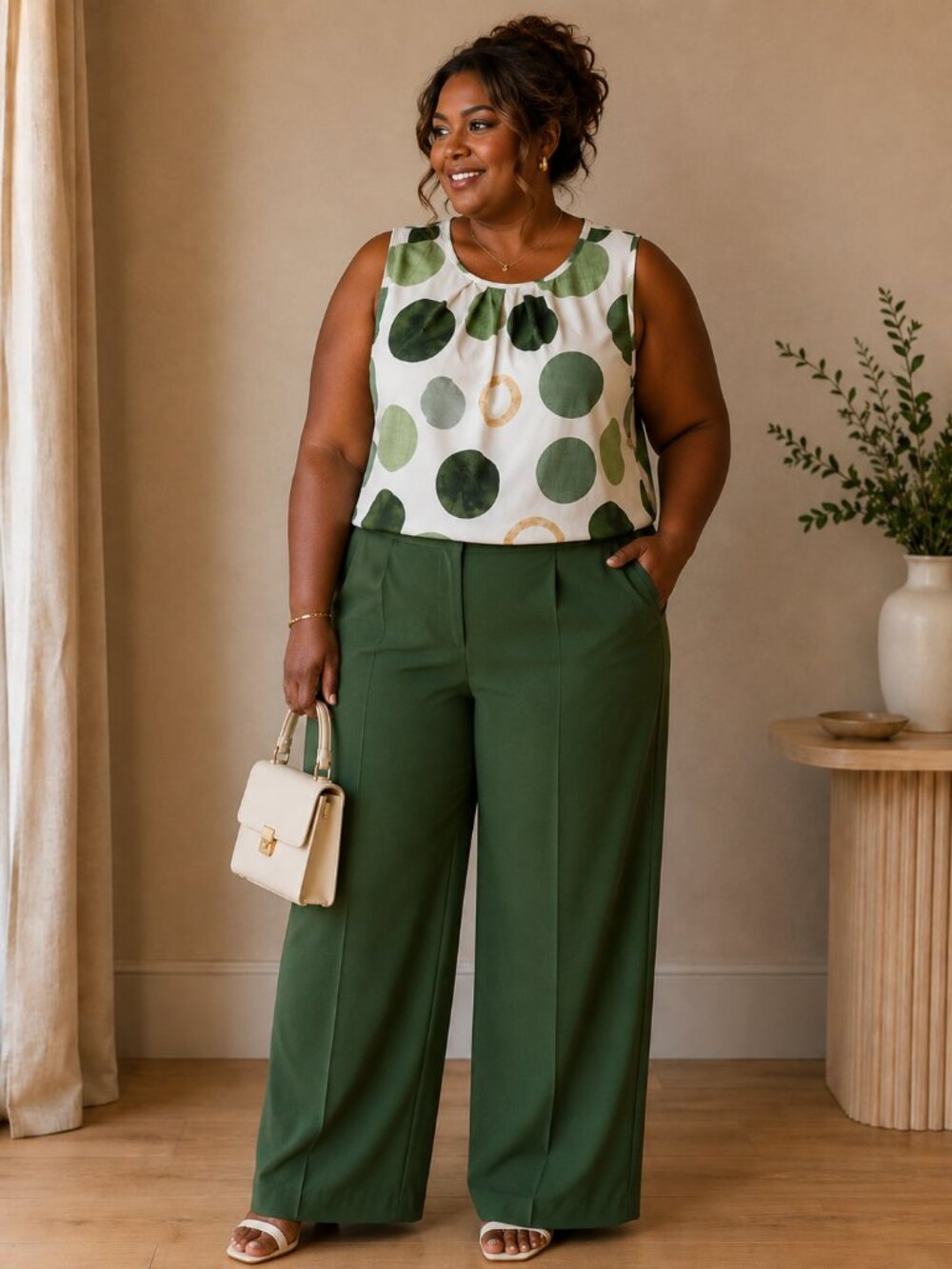 Sleeveless White Pant Set with Green Polka Dots - Picture 2 of 10